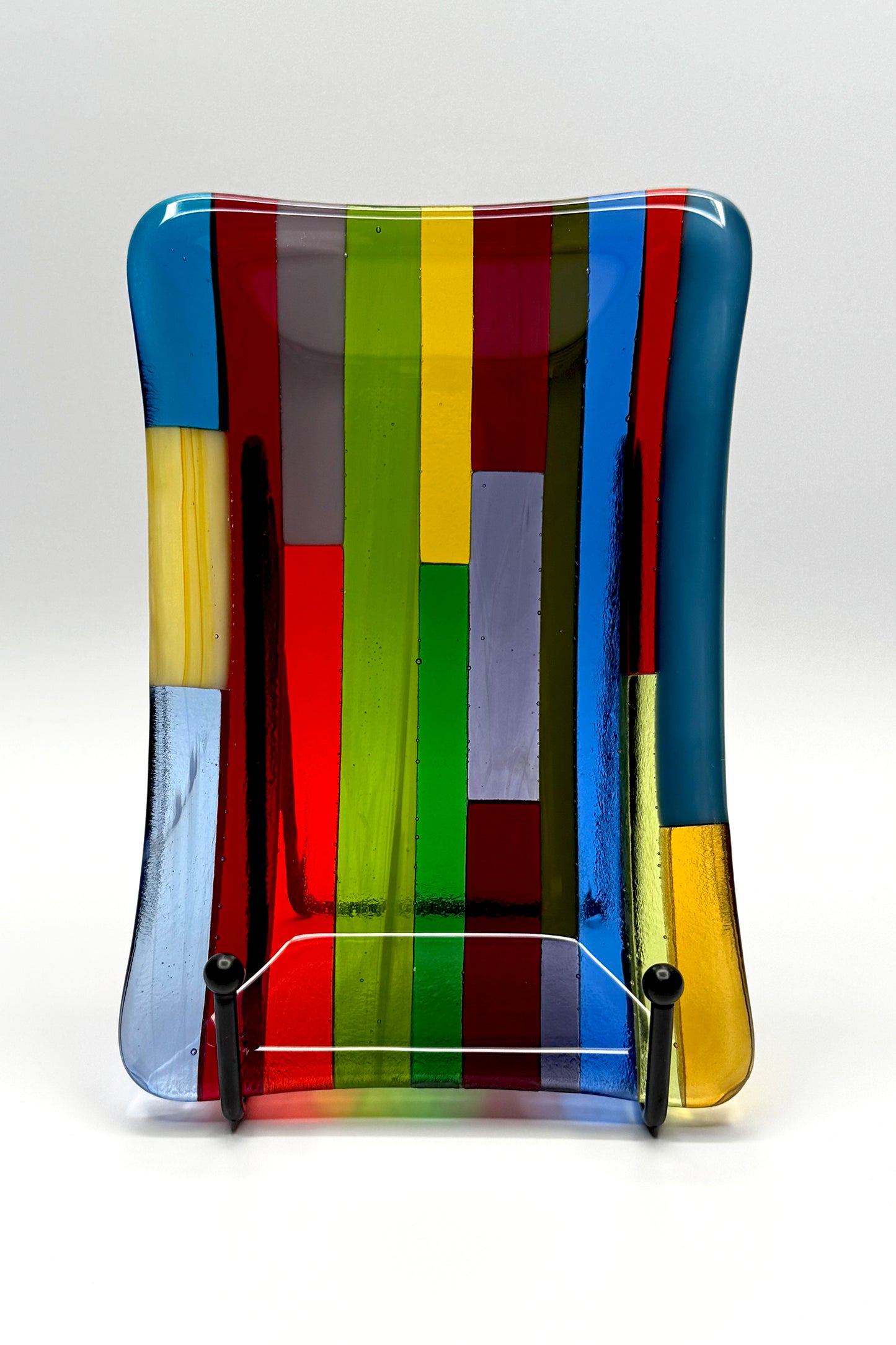 Blue dominant multicolor hard-edge fused glass dish by AWinburnART, handcrafted one-of-a-kind functional art