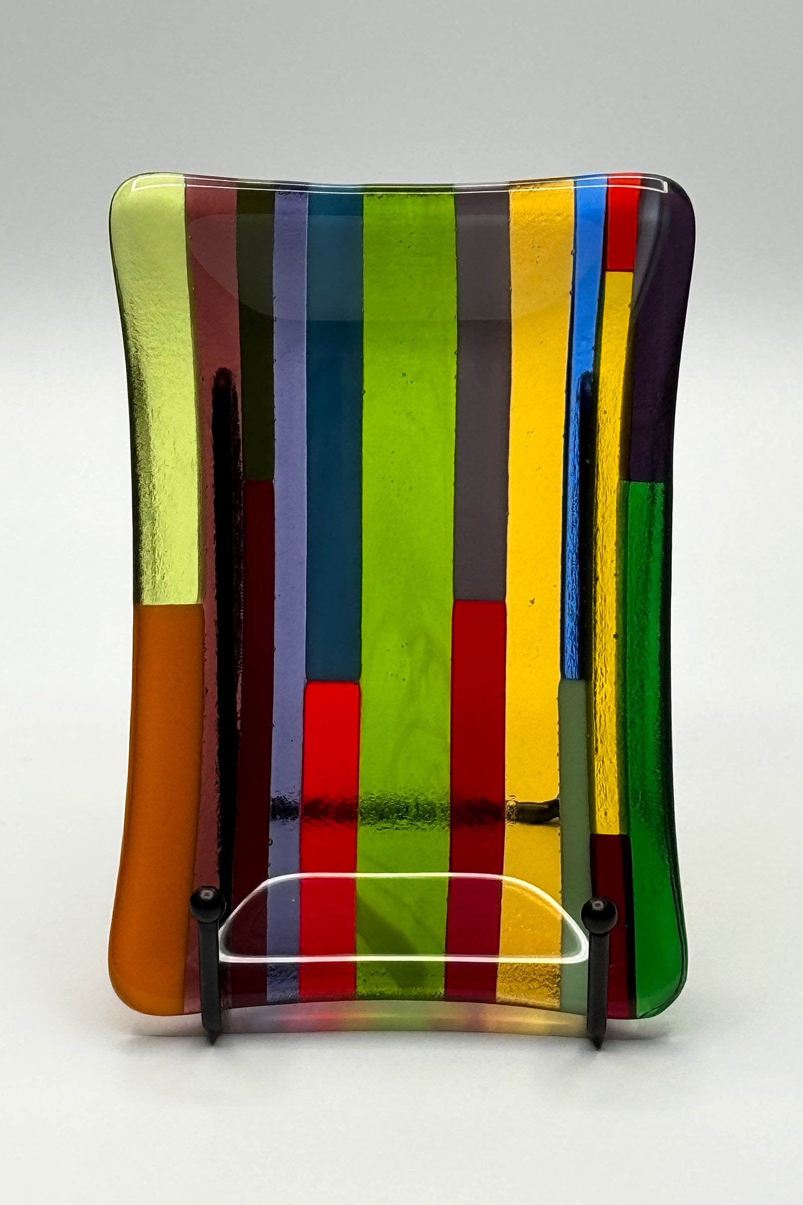 Green dominant multicolor hard-edge fused glass dish by AWinburnART, handcrafted one-of-a-kind functional art