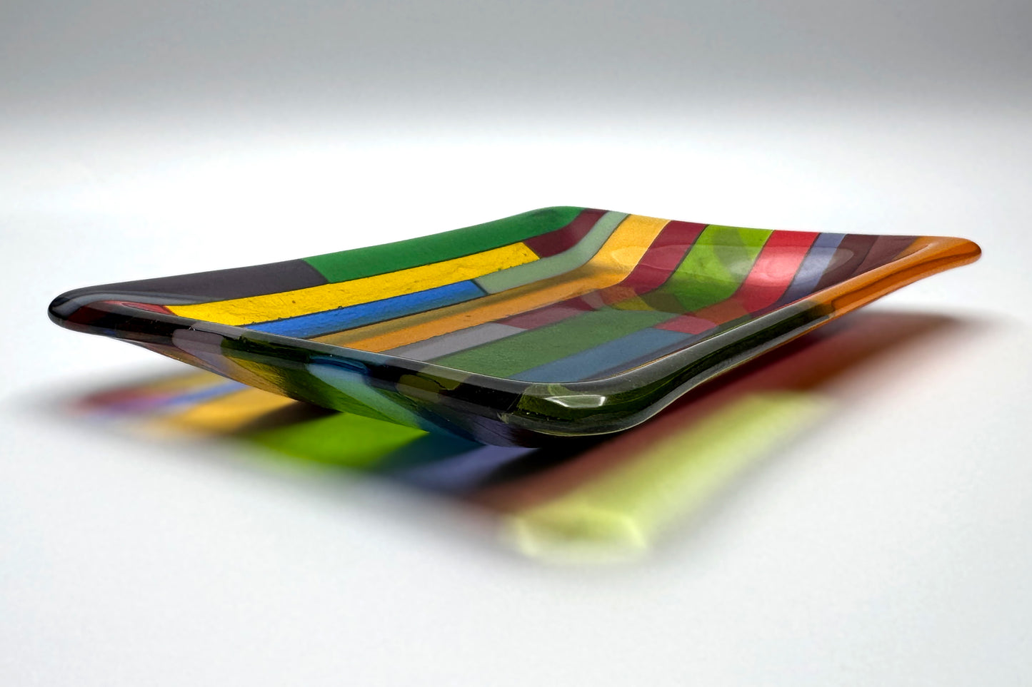Green dominant multicolor hard-edge fused glass dish by AWinburnART, alternate view