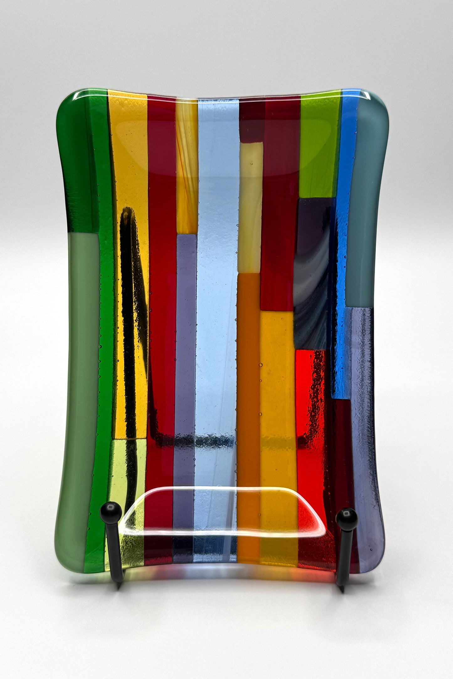 Yellow dominant multicolor hard-edge fused glass dish by AWinburnART, handcrafted one-of-a-kind functional art