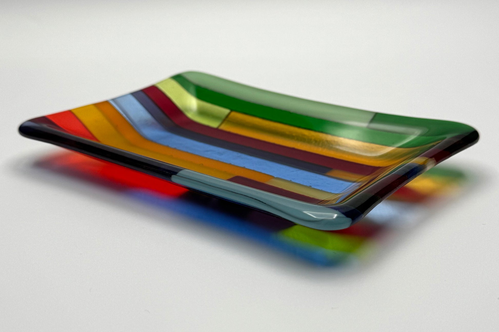 Yellow dominant multicolor hard-edge fused glass dish by AWinburnART, alternate view